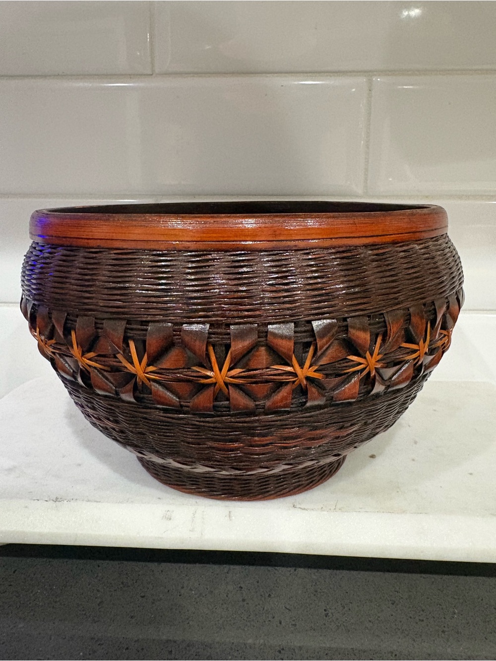 Japanese Ikebana Bamboo Handwoven Brown Decorative Basket Bowl